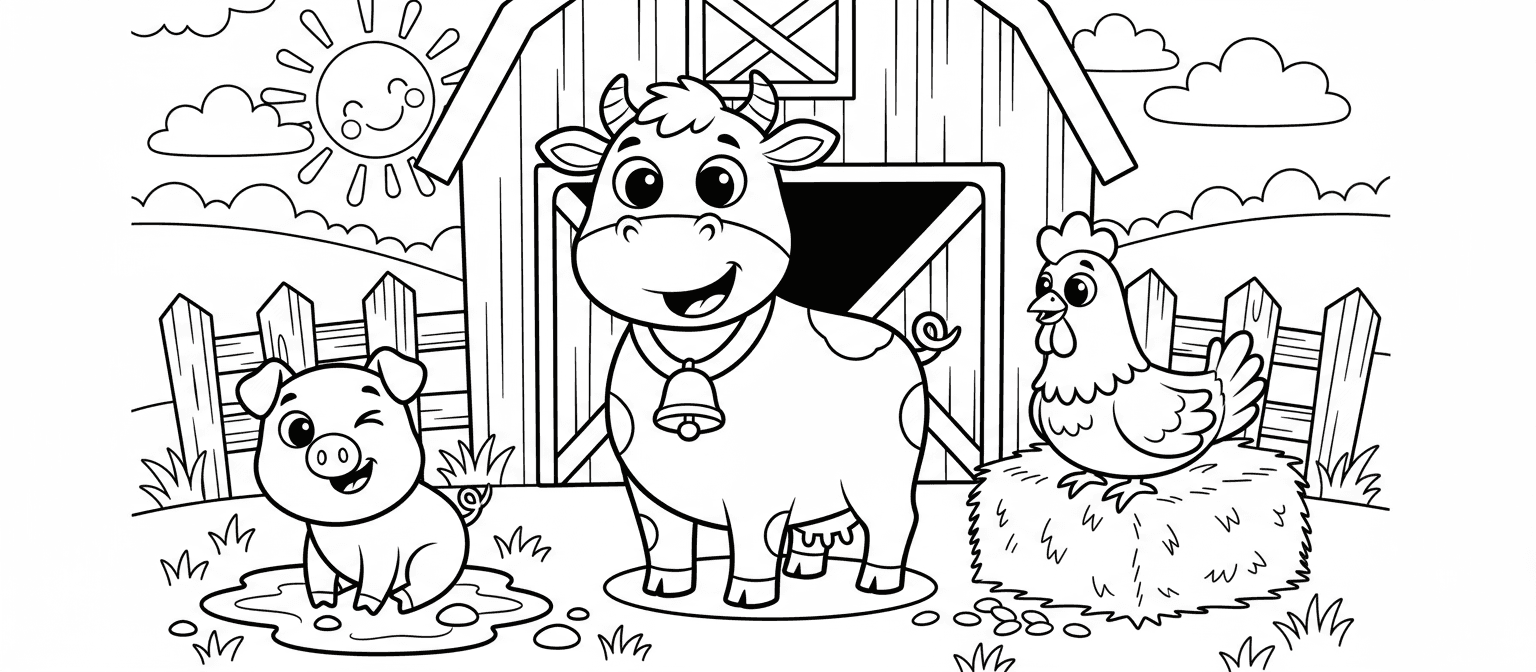 어린이를 위한 귀엽고 단순한 헛간 속 소, 돼지, 닭 농장 동물 색칠도안.