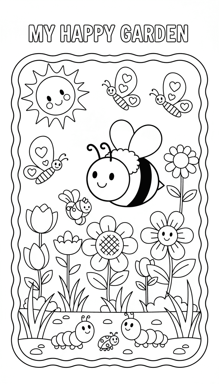 나비, 꽃, 벌이 있는 즐거운 정원 풍경의 쉬운 색칠도안.