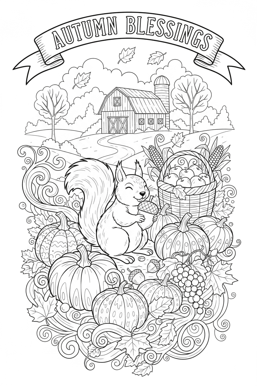 낙엽, 호박, 다람쥐가 있는 가을 수확 테마의 색칠도안.