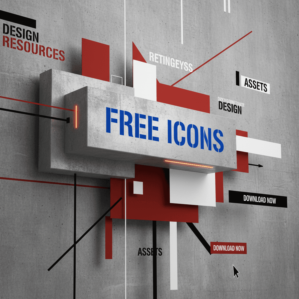 날카롭고 대담한 '무료 아이콘' 버튼이 있는 네오 브루탈리즘 인터페이스입니다.