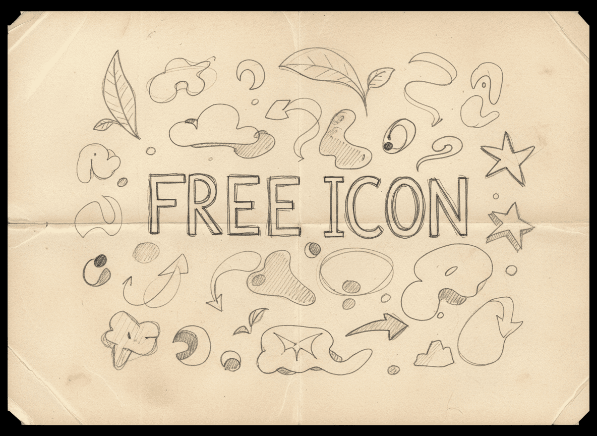 노트북 페이지에 '무료 아이콘' 낙서와 유기적인 연필 선으로 그린 손그림 스케치입니다.