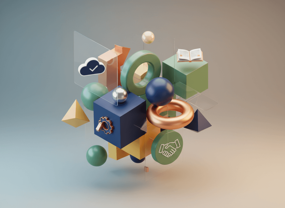 연결된 도형들이 '무료' 아이콘 컬렉션을 형성하는 기하학적 추상화, 현대적이고 조화로움.