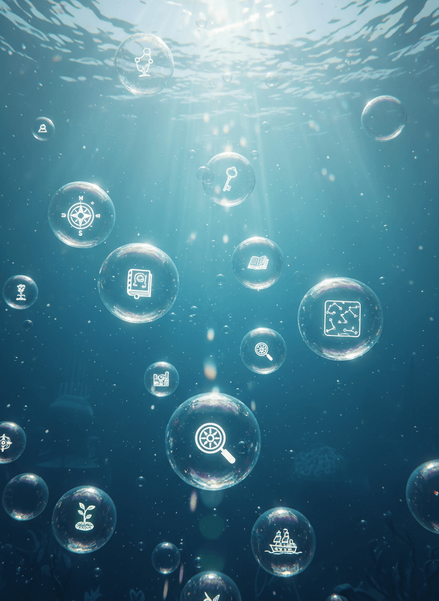 미니어처 아이콘이 들어있는 자유롭게 떠다니는 거품이 있는 수중 장면, 부드러운 푸른색 톤, 꿈결 같음.