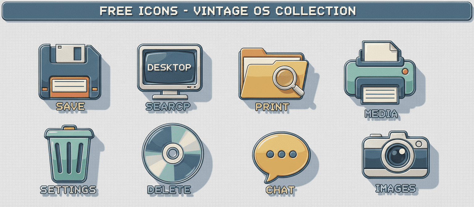 빈티지 운영 체제와 UI 요소를 연상시키는 사실적인 질감과 그림자가 있는 레트로 스큐어모픽 무료 아이콘.