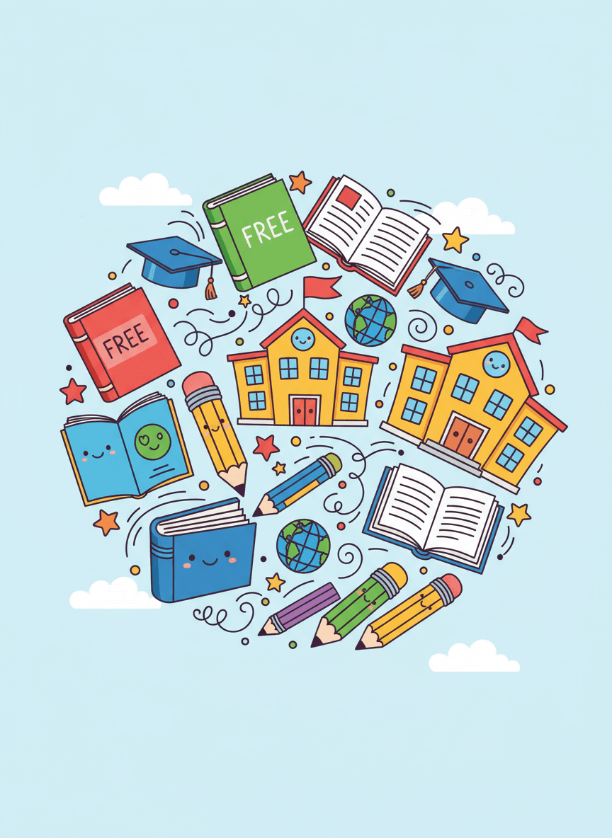 책, 연필, 학사모 등 무료 교육 아이콘을 장난스럽게 배치한 카툰 스타일 이미지.