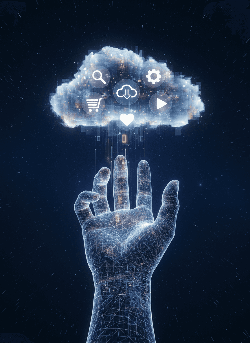 구름에서 빛나는 무료 아이콘 무리를 다운로드하기 위해 뻗은 양식화된 손, 무료 액세스를 개념적으로 보여줍니다.