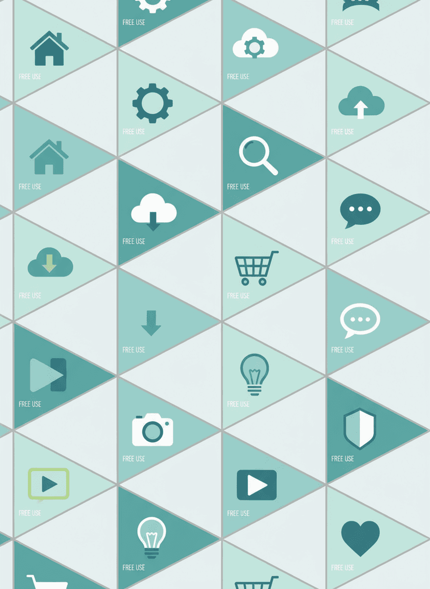 다양한 일반적인 개념에 대해 무료 사용이 가능함을 나타내는, 이음매 없는 아이소메트릭 그리드에 배열된 현대적이고 깔끔한 선의 아이콘들.
