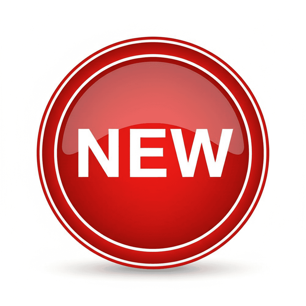 프로모션에 사용되는 빨간색 배경에 굵은 흰색 텍스트가 있는 선명하고 현대적인 원형 'New' 배지 아이콘.