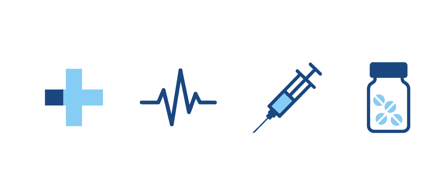 십자가, 심박 모니터, 주사기, 약병을 포함한 전문적이고 현대적인 플랫 디자인 의료 아이콘.