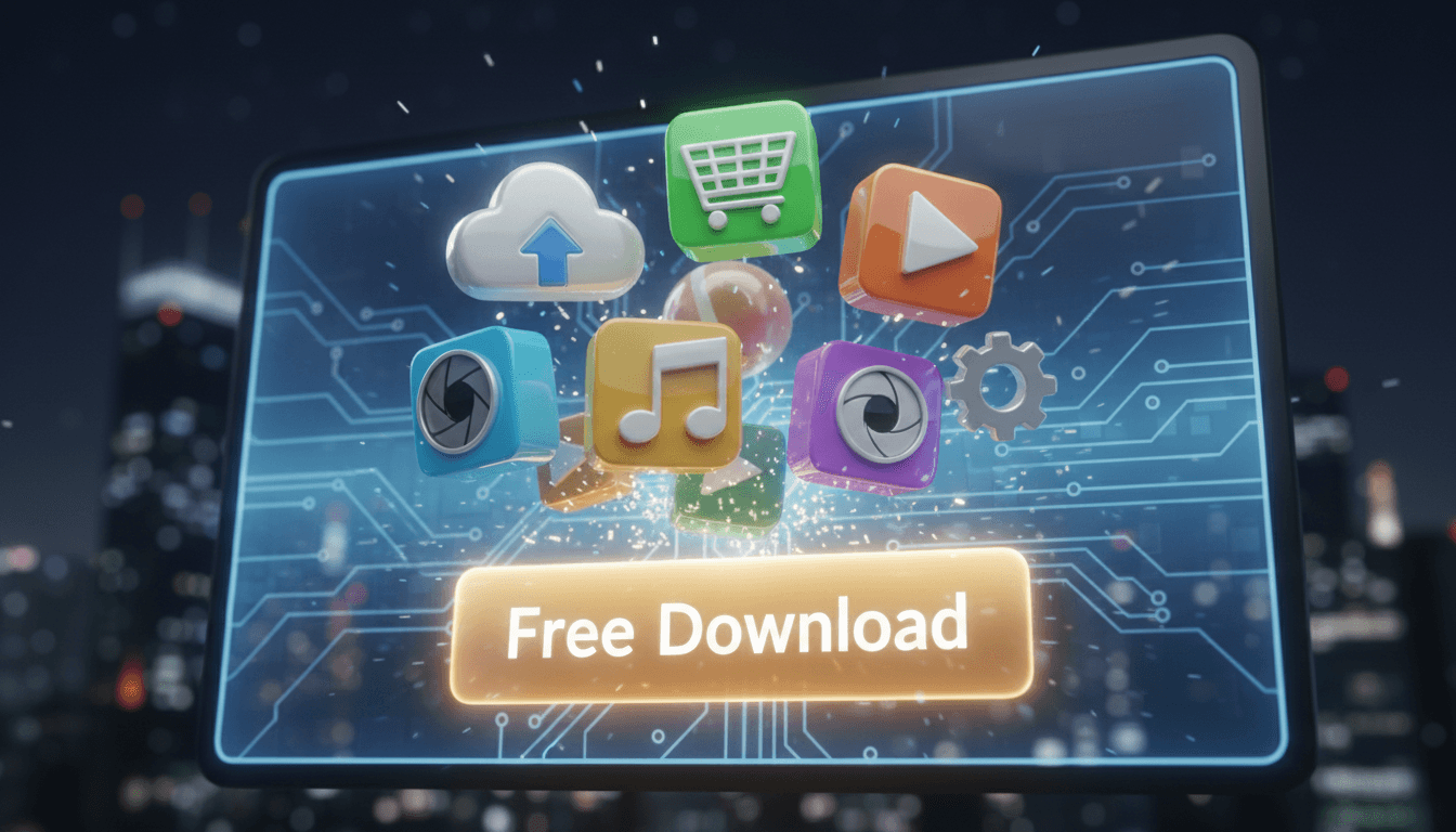 디지털 화면에서 튀어나오는 역동적인 3D 아이콘과 눈에 띄는 '무료 다운로드' 버튼이 밝게 빛나고 있습니다.