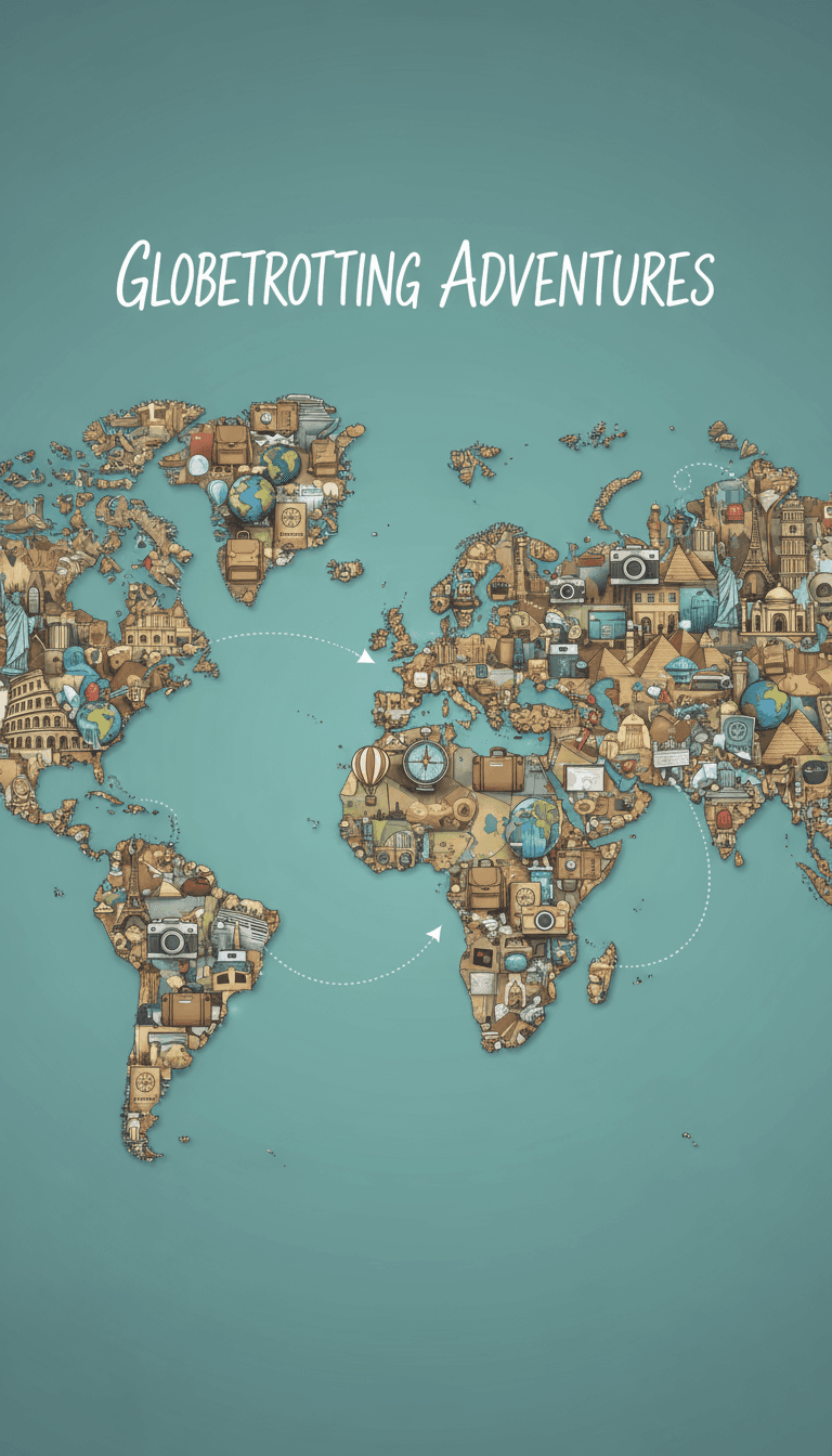 비행기, 여행 가방, 랜드마크 등 무료 여행 아이콘으로 예술적으로 구성된 양식화된 세계 지도.