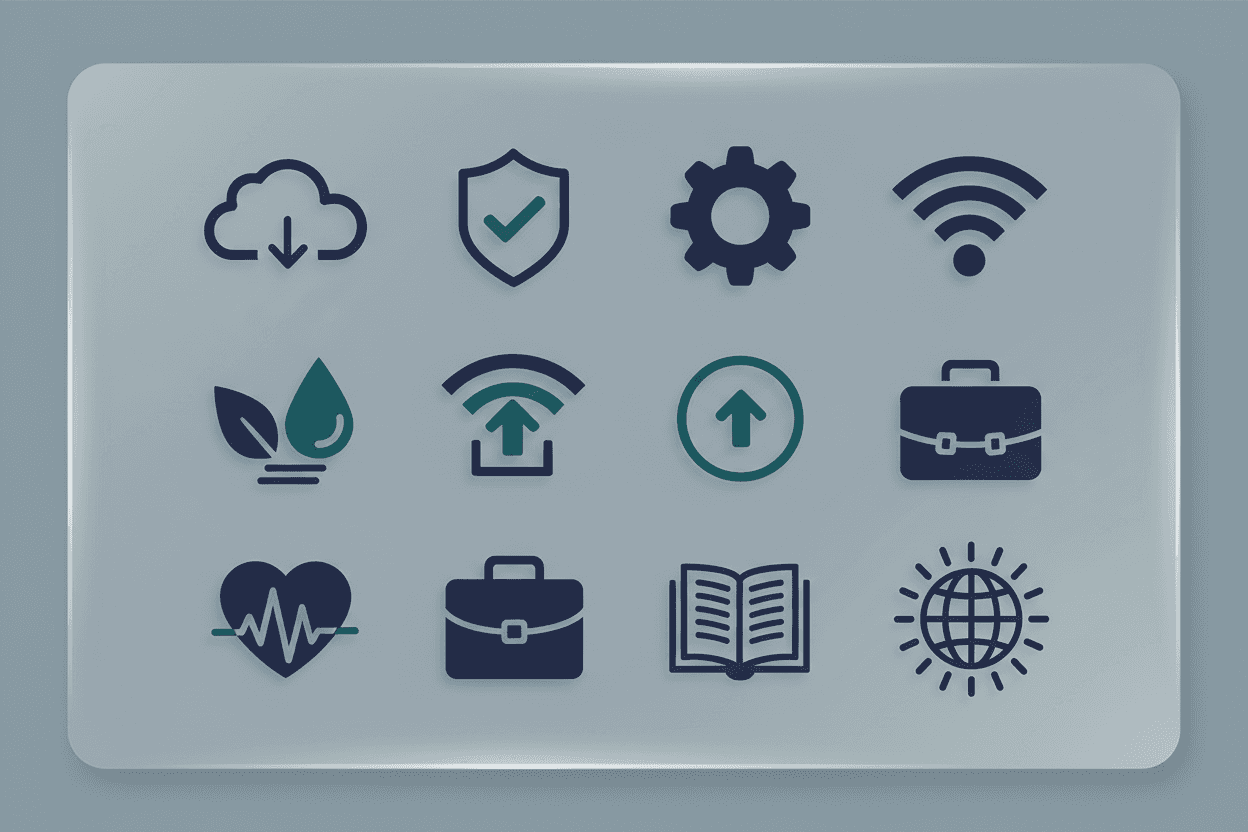 깊은 파란색과 청록색 톤의 세련된 단색 무료 아이콘 세트로, 평온함과 전문성을 전달합니다.