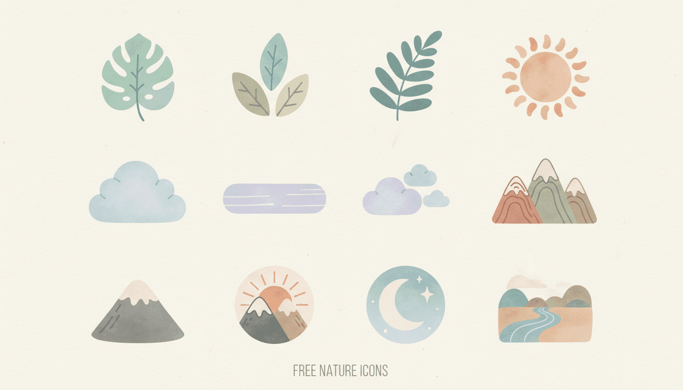 나뭇잎, 태양, 산과 같은 고요하고 자연에서 영감을 받은 무료 아이콘들이 부드럽고 유기적인 파스텔 색상으로 표현되어 있습니다.