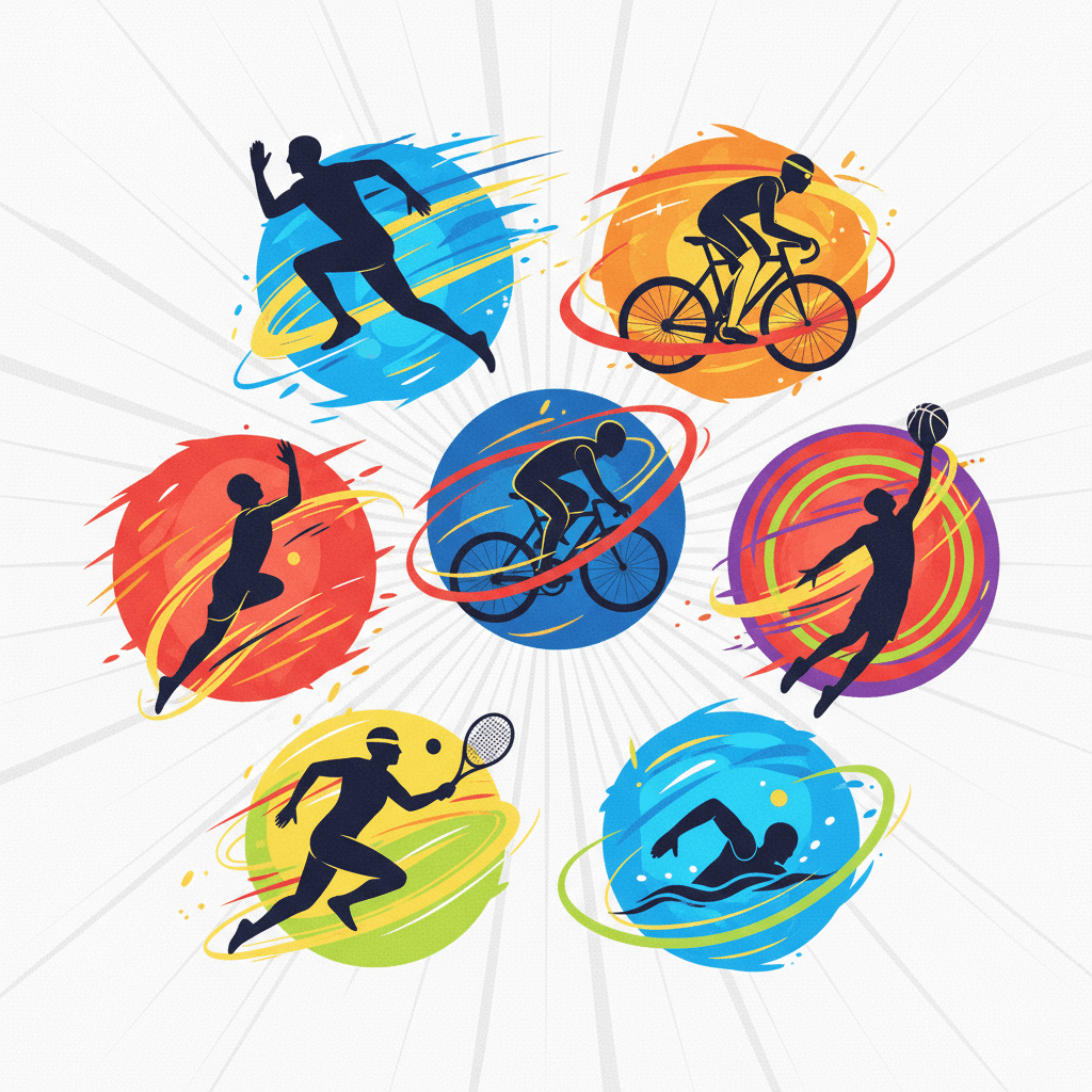 달리기, 사이클링, 농구 등 운동 활동을 보여주는 역동적이고 활기찬 무료 스포츠 아이콘, 움직임 선 포함.