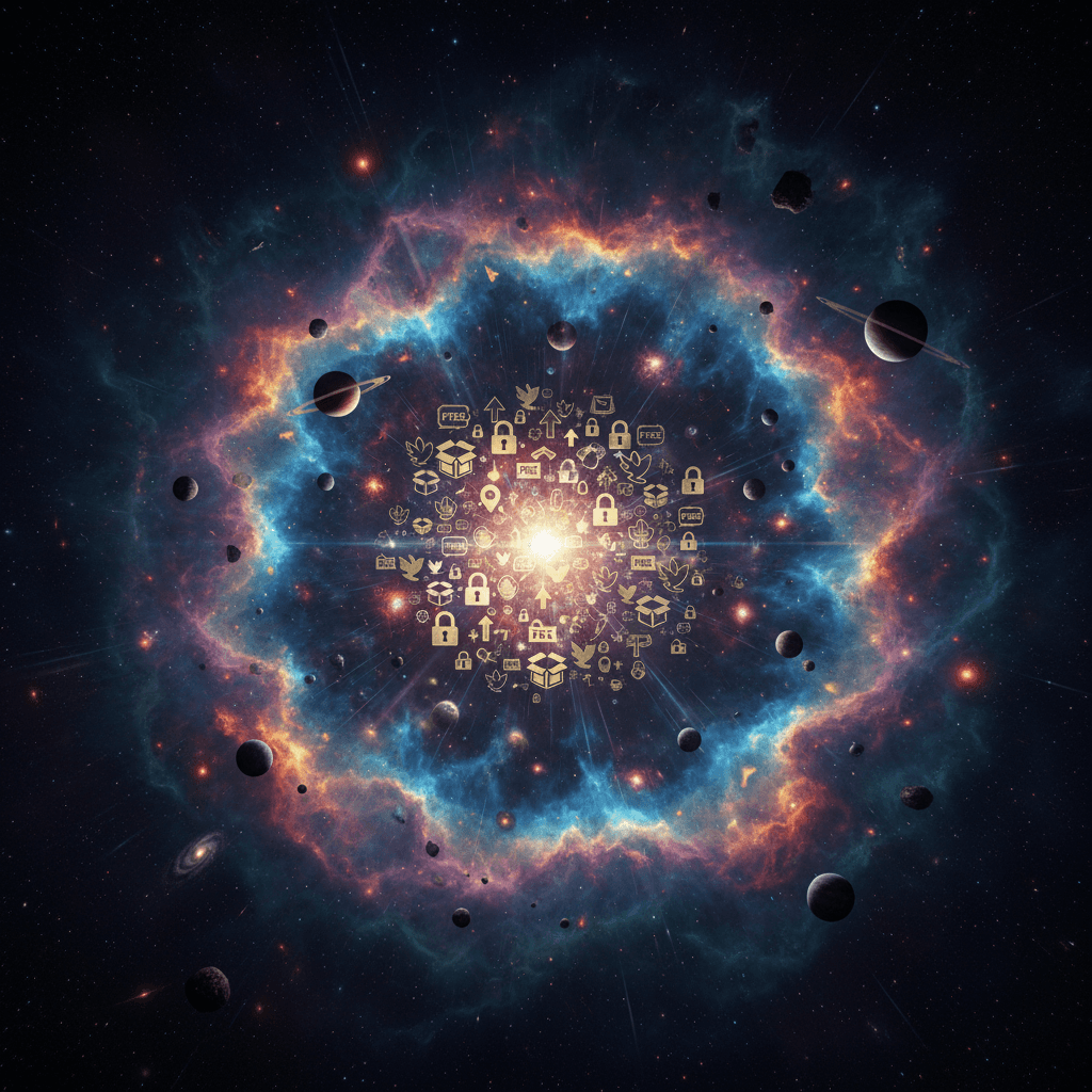 깊은 우주에서 빛나는 '무료' 아이콘 무리 주위를 소용돌이치는 우주 성운입니다.