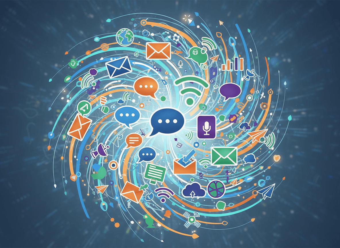 말풍선, 봉투, 와이파이 심볼 등 활기차게 연결된 무료 통신 아이콘 무리.