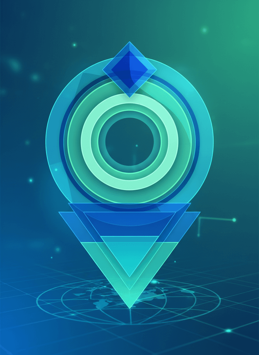 레이어드 투명성과 청록색 색 구성표가 있는 추상적인 기하학적 지도 핀 아이콘으로, 위치 마커로 사용됩니다.