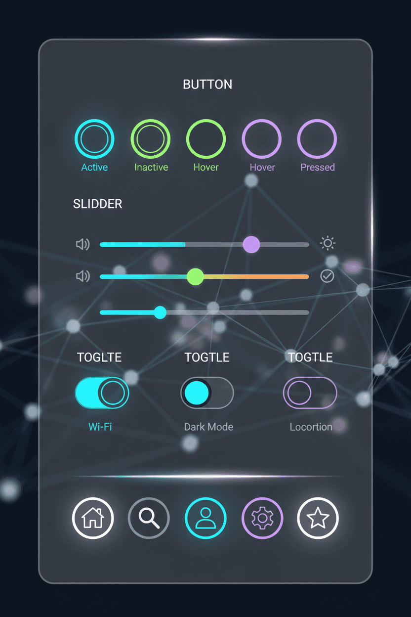 버튼, 슬라이더, 내비게이션 요소와 같은 무료 UI/UX 특정 아이콘이 선명하고 인터랙티브한 디자인으로 기능적으로 표시됩니다.