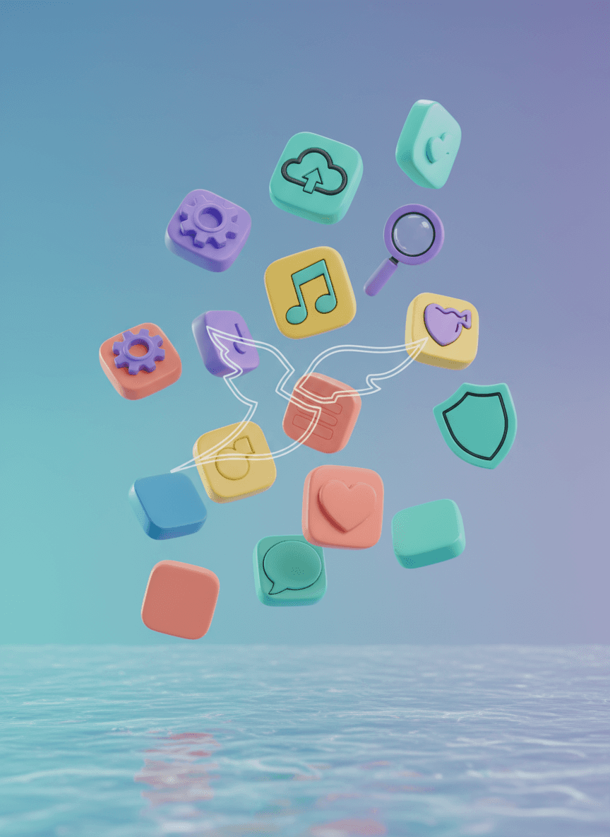 '무료' 기호가 섬세하게 통합된 다양한 '머티리얼 디자인' 아이콘이 떠다니며 생동감 넘칩니다.