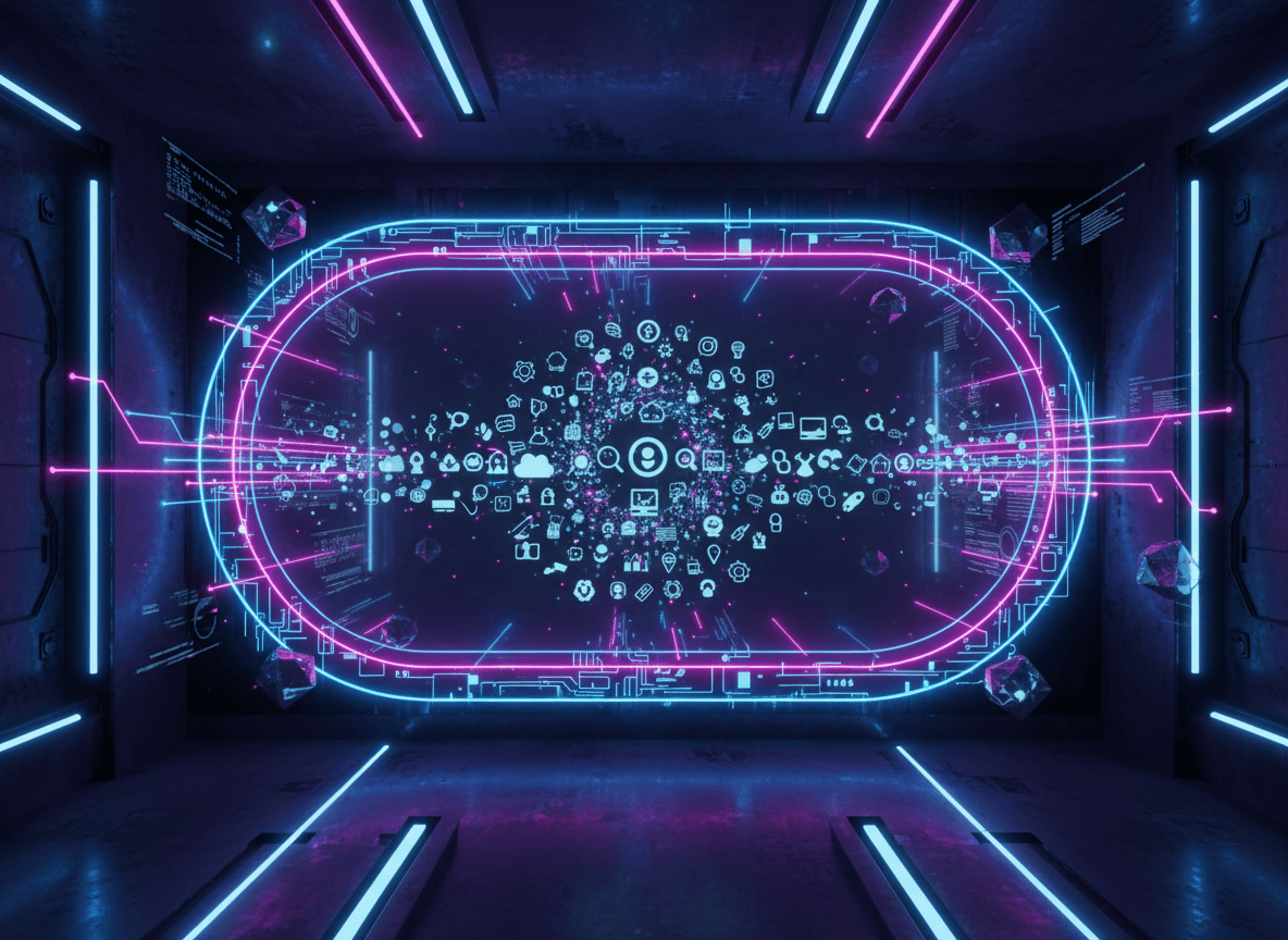 매끄럽고 빛나는 디지털 포털이 열려 무료 아이콘의 우주를 보여주는 SF 미학입니다.