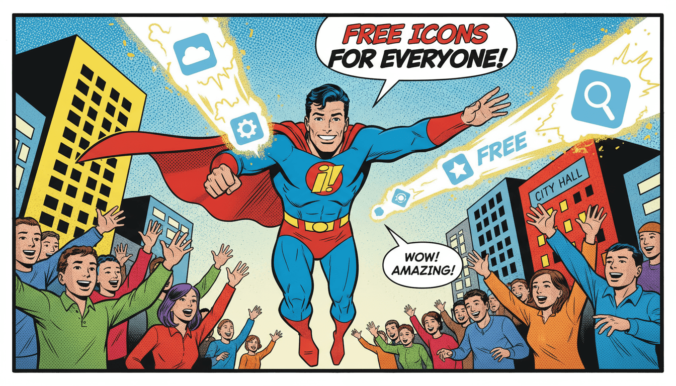 슈퍼히어로가 군중에게 무료 아이콘을 배포하는 만화 패널입니다.