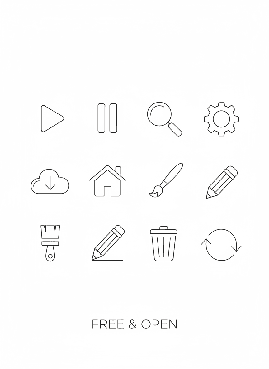 흰색 배경에 단순함과 무료 접근성을 강조하는, 일반적인 UI 요소를 묘사하는 미니멀한 라인 아트 아이콘들.