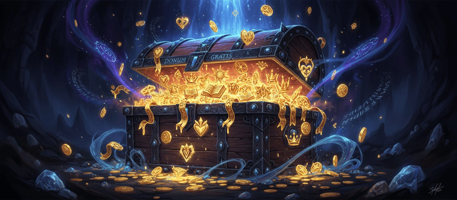 반짝이는 황금빛 무료 아이콘으로 가득 찬 보물 상자로, 높은 판타지 스타일입니다.