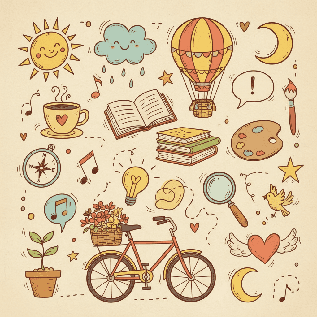 다양한 사물과 기호를 표현하며 자유로운 이용 가능성을 전달하는, 장난스럽고 손으로 그린 낙서 스타일의 아이콘들.