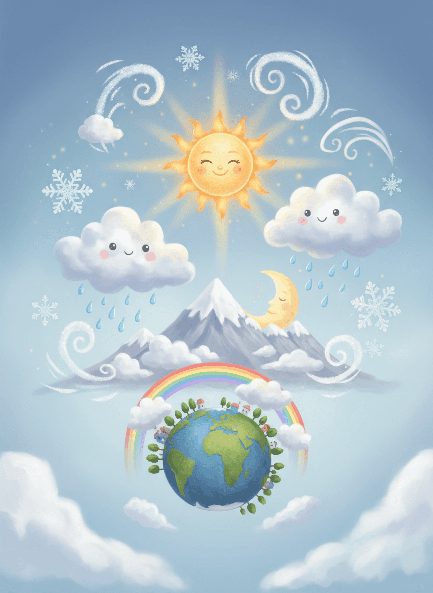 태양, 구름, 비, 눈 등 무료 날씨 아이콘으로 이루어진 기발한 하늘 풍경, 부드러운 조명.