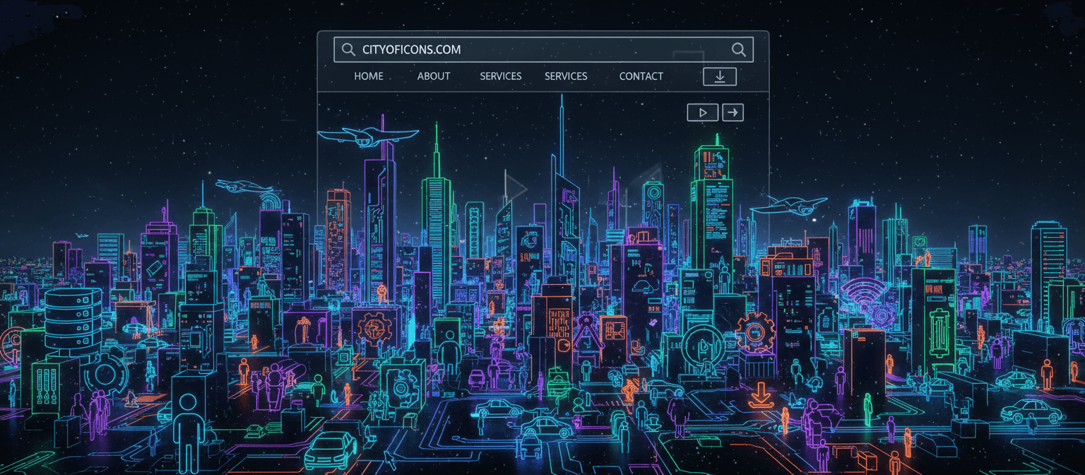 선형 아이콘으로 이루어진 도시 위에 웹사이트 인터페이스가 오버레이된 디지털 아트입니다.