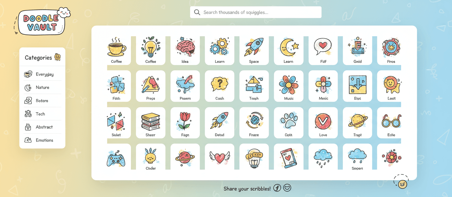 다양한 손그림 낙서 아이콘이 깔끔하게 정리된 밝고 경쾌한 아이콘 저장소 웹사이트입니다.