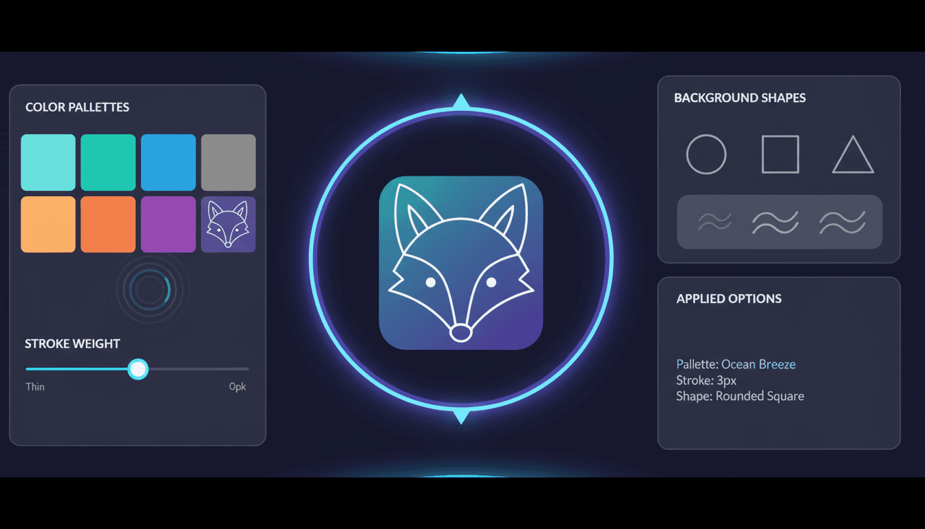아이콘의 색상과 선 두께와 같은 사용자 정의 옵션을 보여주는 웹사이트 인터페이스.
