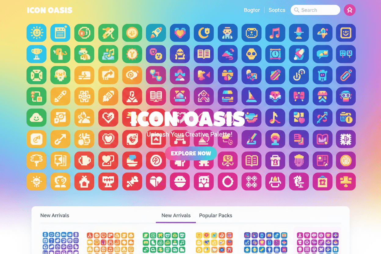 다양한 색상의 아이콘을 보여주는 활기차고 다채로운 아이콘 웹사이트.