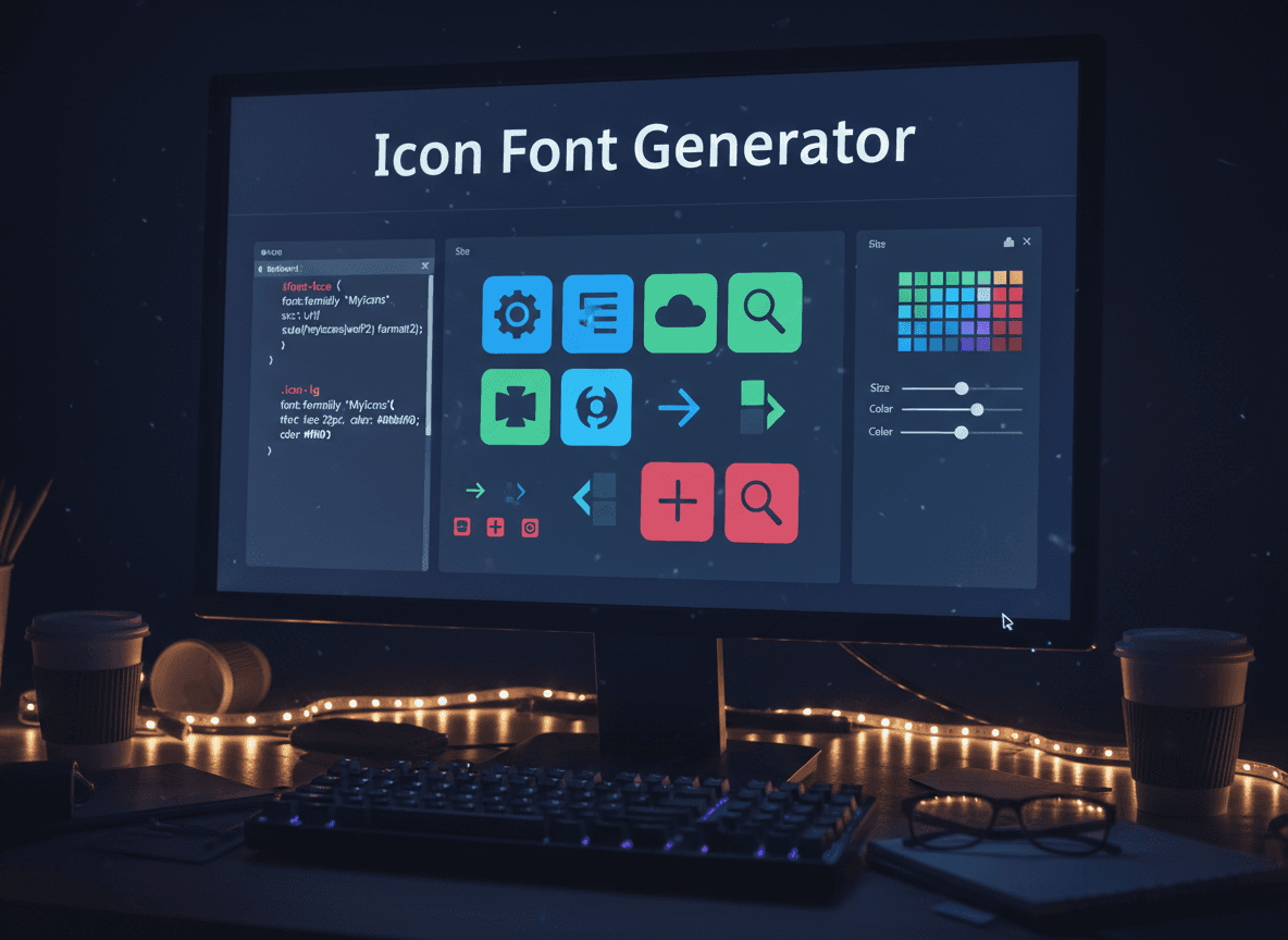 어두운 코딩 환경에서 아이콘 폰트 생성기 웹사이트 화면이 희미하게 빛나고 있습니다.