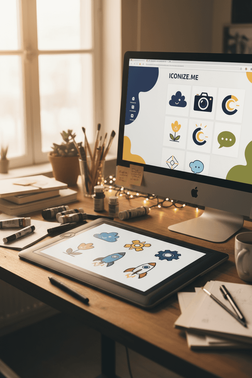 디지털 태블릿에 손으로 그린 아이콘 스케치로 가득 찬 활기찬 아티스트의 책상, 컴퓨터 화면에는 비슷한 예술적 스타일의 라이브 '아이콘 사이트'가 보인다. 따뜻하고 창의적인 분위기.