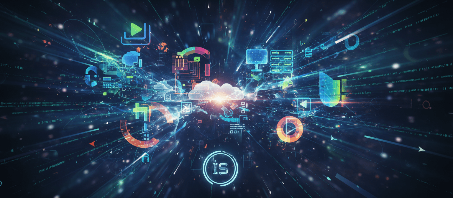 코드가 글리프를 형성하여 아이콘 사이트를 상징하는 추상적인 디지털 아트 작품.