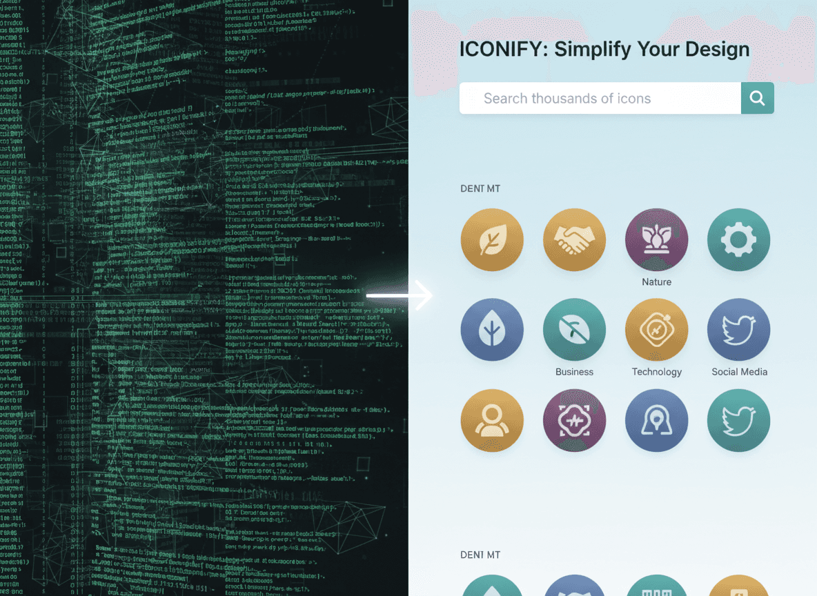 한쪽은 원본 코드, 다른 한쪽은 세련된 아이콘 사이트 인터페이스를 보여주는 분할 화면.