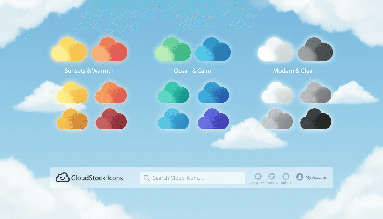구름 형태의 아이콘이 있는 클라우드 기반 아이콘 저장소 웹사이트의 재미있는 일러스트입니다.