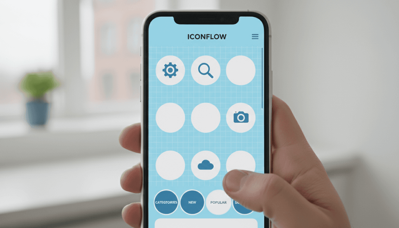 스마트폰 화면에 표시된 반응형 아이콘 웹사이트로, 모바일 사용에 최적화되어 있다.