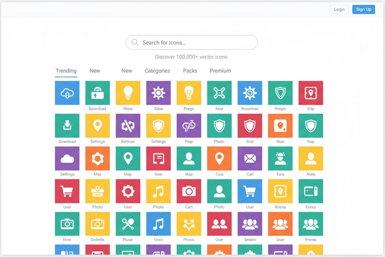 다채로운 플랫 디자인 아이콘 그리드와 검색 바가 있는 현대적인 웹사이트.