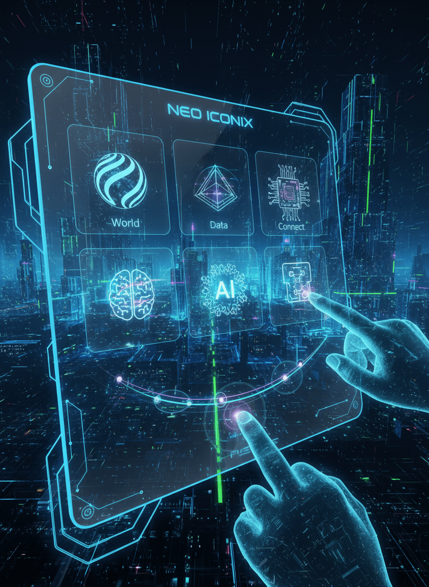 홀로그래픽 및 대화형 3D 아이콘 프로젝션을 특징으로 하는 미래 지향적인 아이콘 웹사이트.