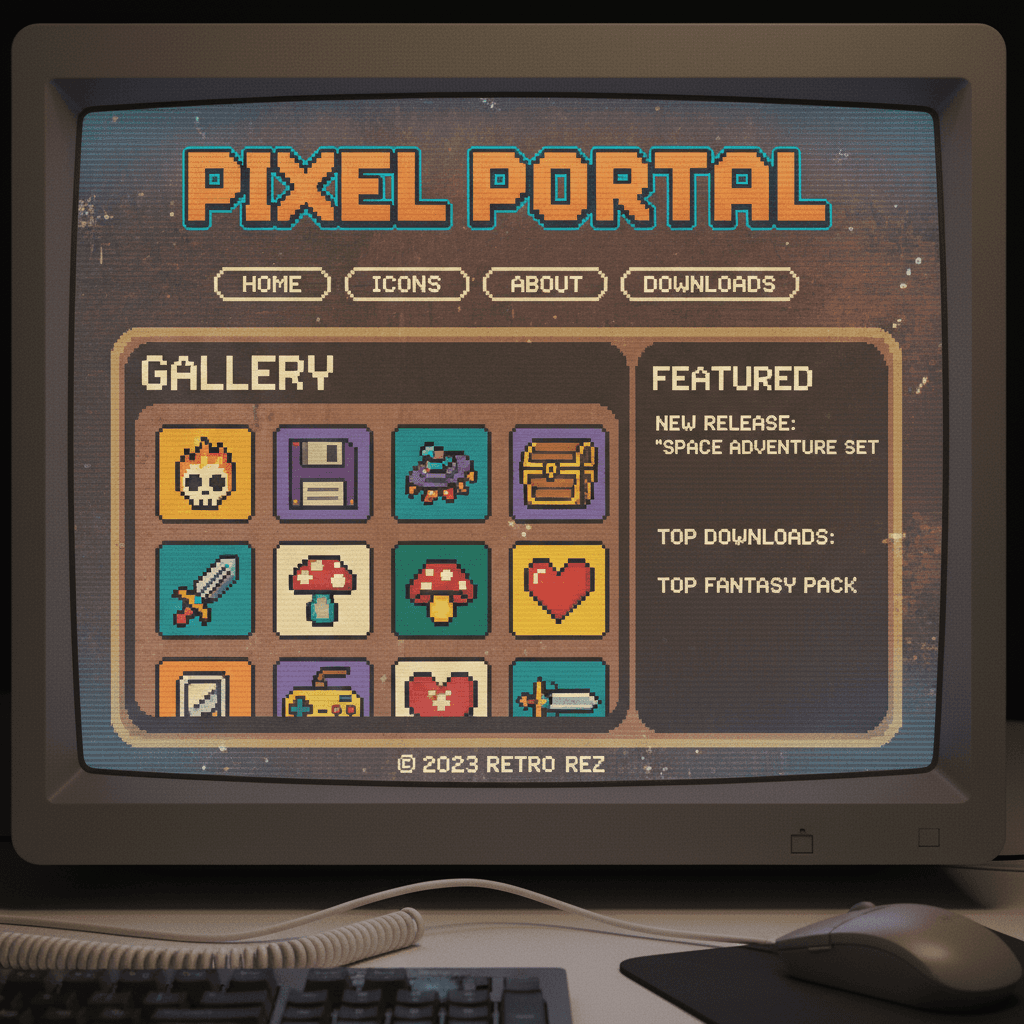 8비트 또는 16비트 미학을 가진 픽셀 아트 아이콘을 보여주는 복고풍 아이콘 웹사이트.