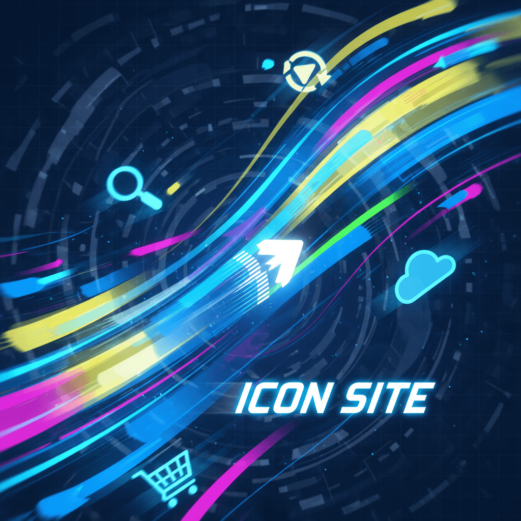 빠르게 움직이는 추상적인 선과 모양이 일시적인 인지 가능한 아이콘을 형성하며, '아이콘 사이트'에서의 빠른 접근과 효율적인 브라우징을 나타낸다. 모션 블러, 에너제틱, 생생한 색상.