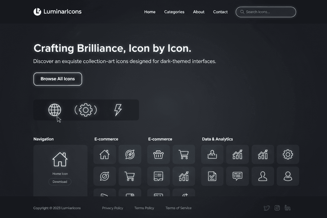 세련된 다크 모드 아이콘 리소스 웹사이트에 빛나는 선화 아이콘이 있습니다.