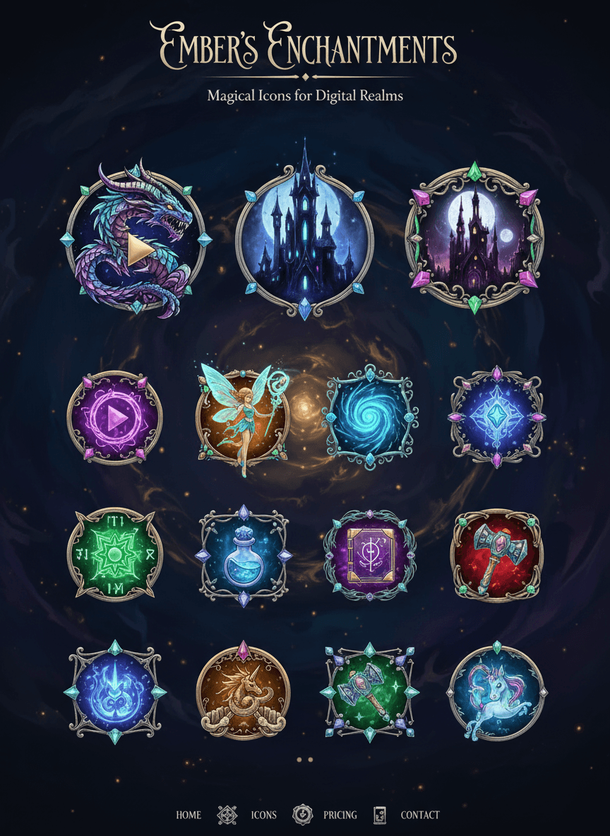 용, 성, 요정 등 환상적인 테마의 아이콘들이 있는 마법 같은 아이콘 웹사이트.
