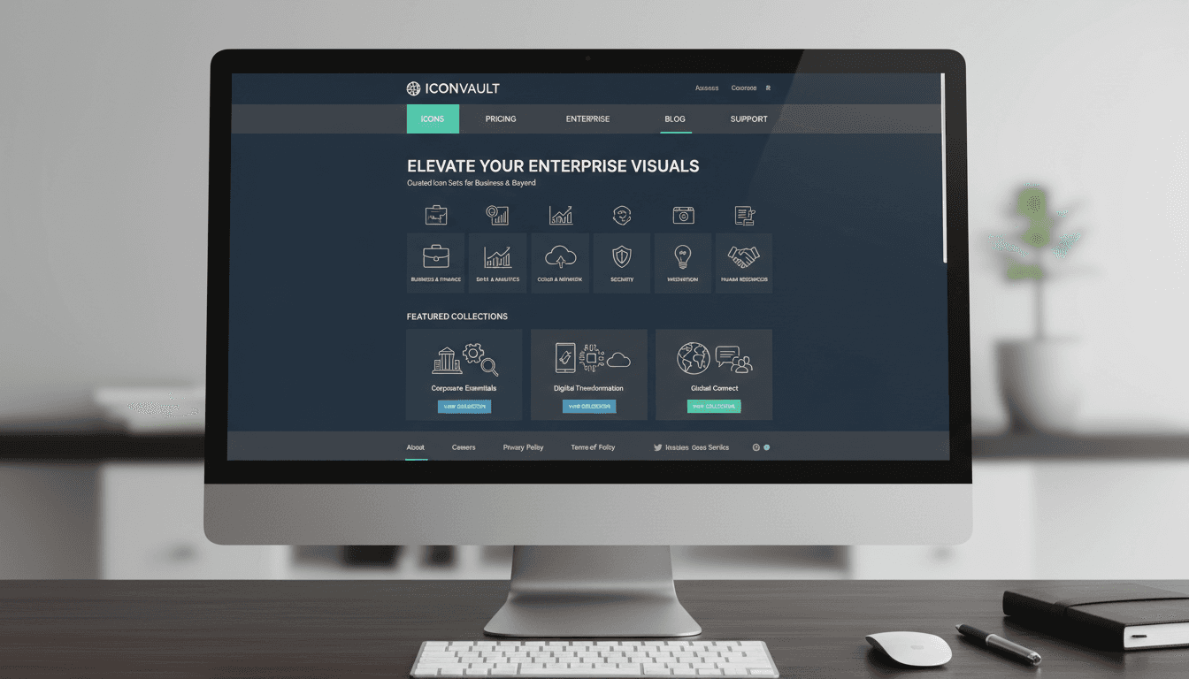 기업용으로 제작된 전문적인 아이콘 웹사이트로, 선명한 비즈니스 관련 아이콘들을 보여준다.