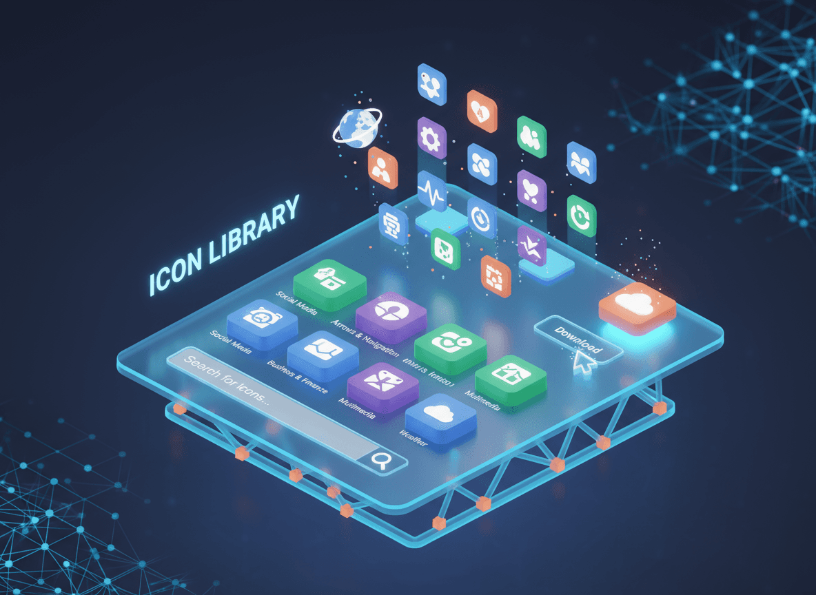 상호작용 요소, 검색창, 명확하게 정의된 아이콘 카테고리를 갖춘 잘 디자인된 '아이콘 라이브러리 웹사이트'의 아이소메트릭 뷰. 현대적, 3D 렌더링, 생생한 팔레트.