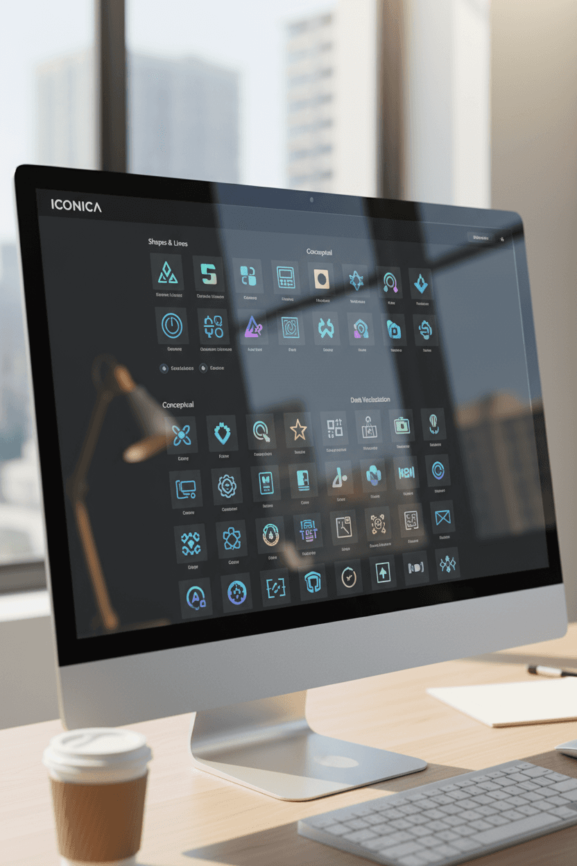 전문 아이콘 갤러리 웹사이트가 표시된 사실적인 데스크톱 모니터 렌더링입니다.