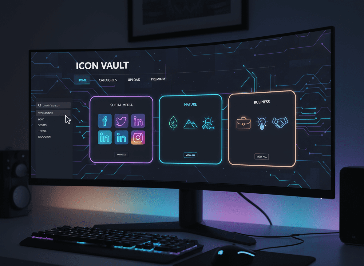 다양한 아이콘 카테고리를 보여주는 다크 테마 아이콘 웹사이트가 데스크톱 화면에 표시됨.