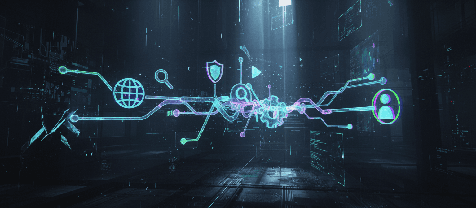 어두운 미래형 사이버 공간을 배경으로 서로 연결된 빛나는 데이터 스트림이 다양한 아이콘 형태를 이루는 추상적인 '아이콘 사이트' 표현.